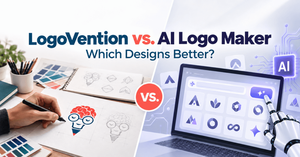 LogoVention vs. AI logo maker comparison showing custom logo design and AI-generated logos