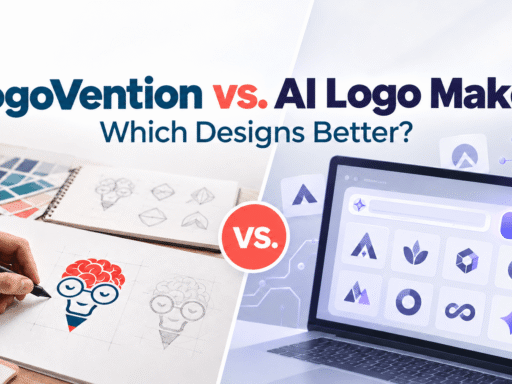 LogoVention vs. AI logo maker comparison showing custom logo design and AI-generated logos