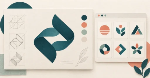 Custom ribbon-symbol proof with sketches beside a browser-style grid of six fictional logo options