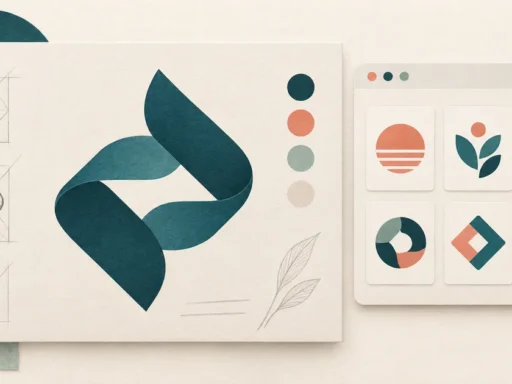 Custom ribbon-symbol proof with sketches beside a browser-style grid of six fictional logo options