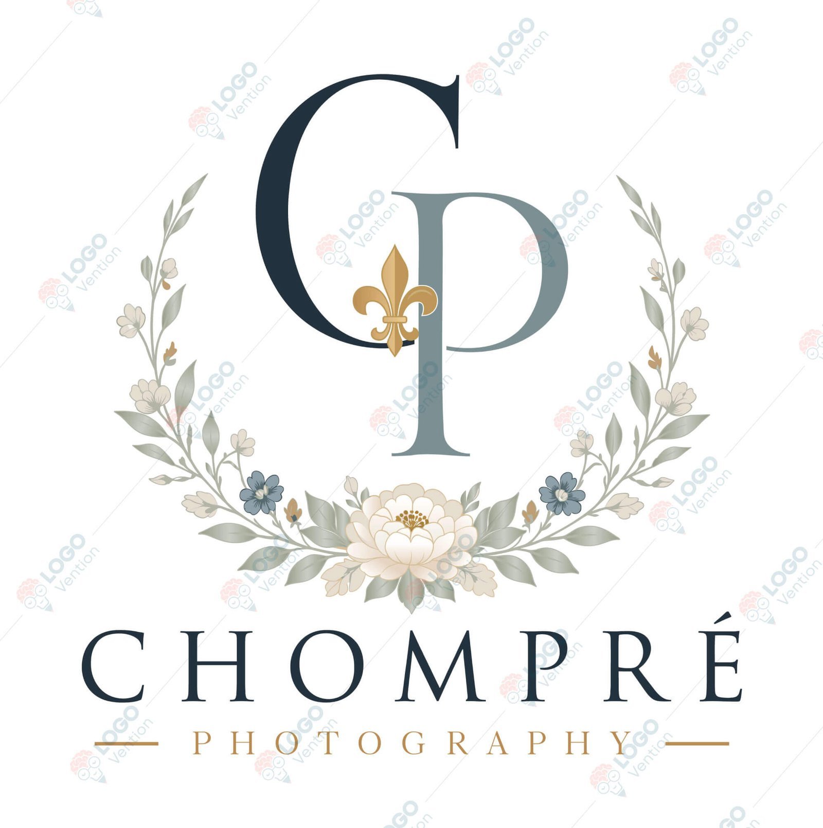 Chompré Photography logo combining CP initials, a floral wreath and the business name