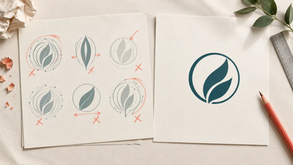Fictional logo proof sheets comparing crowded, stretched and faint symbols with a clear balanced mark