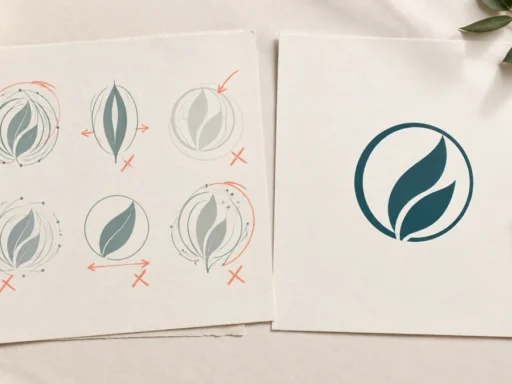 Fictional logo proof sheets comparing crowded, stretched and faint symbols with a clear balanced mark