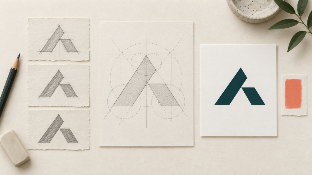 Pencil sketches and a construction drawing beside a finished teal geometric symbol