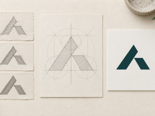 Pencil sketches and a construction drawing beside a finished teal geometric symbol