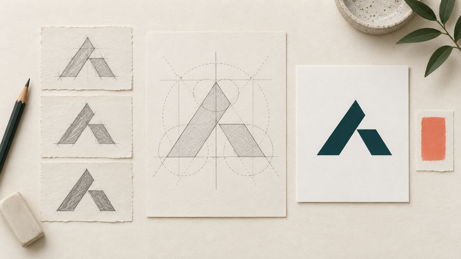 Pencil sketches and a construction drawing beside a finished teal geometric symbol