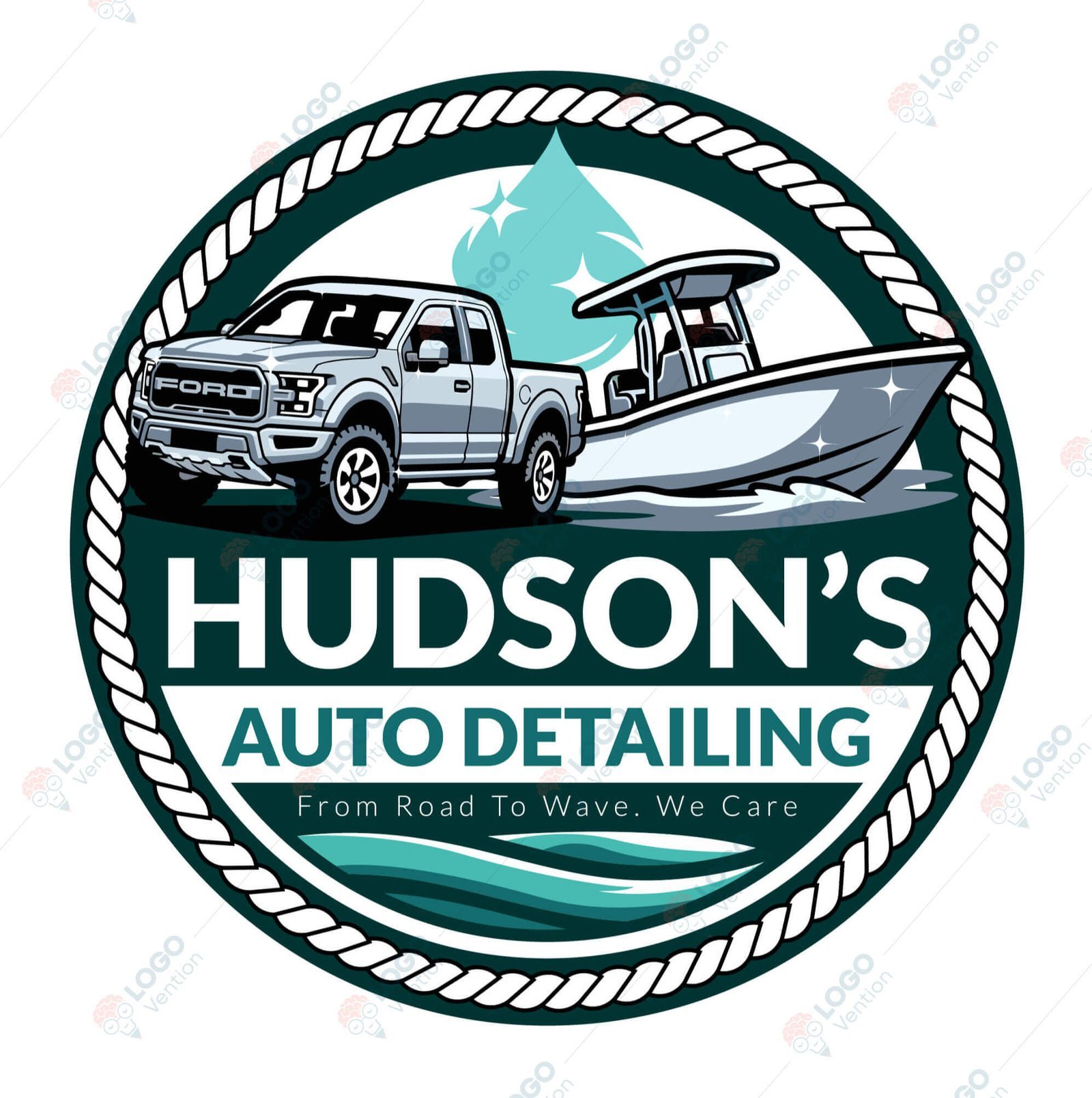 Hudson’s Auto Detailing logo with a truck and boat inside a circular rope badge