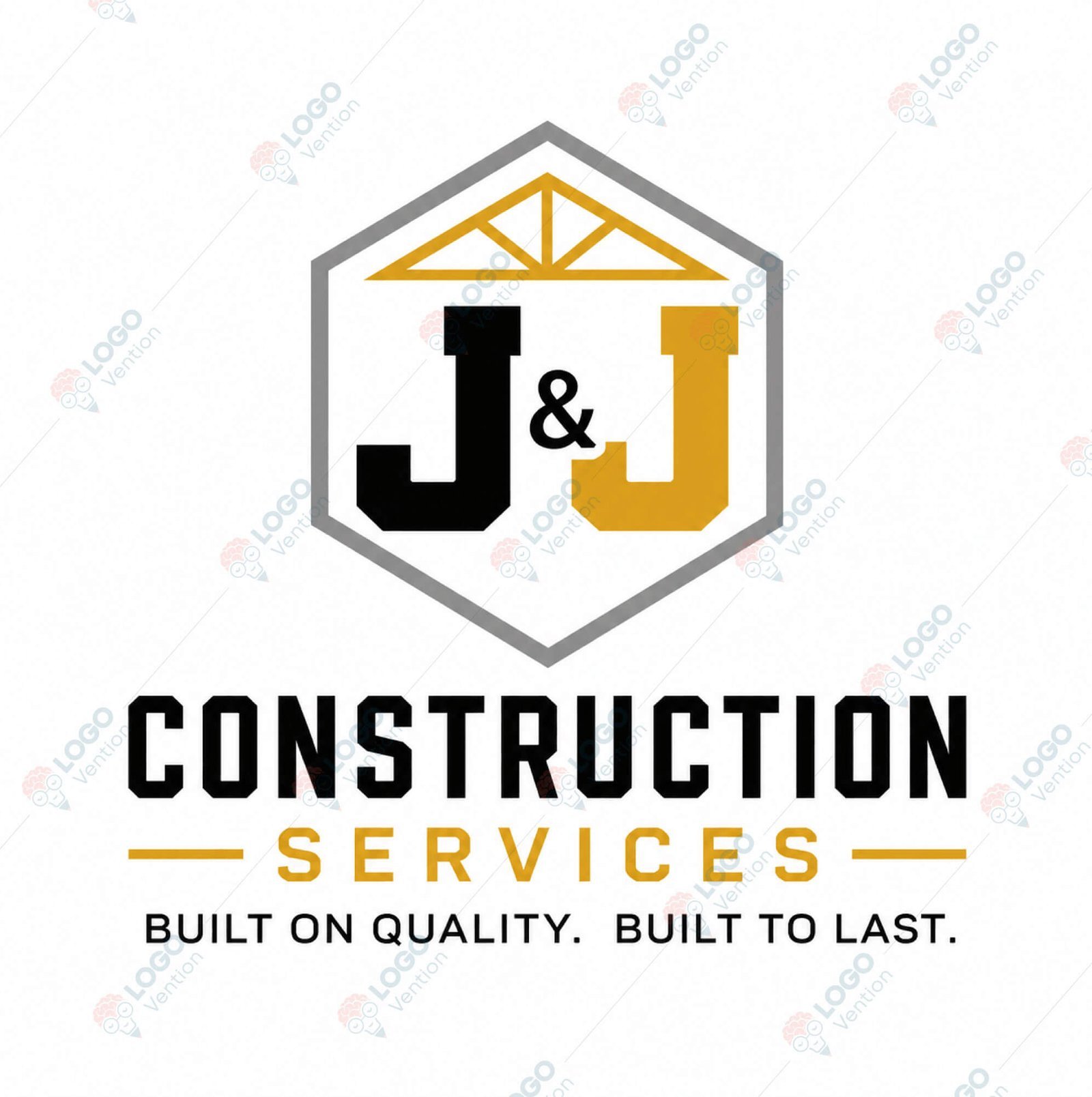 J and J Construction Services logo with block initials, a roof truss and a gray hexagonal frame