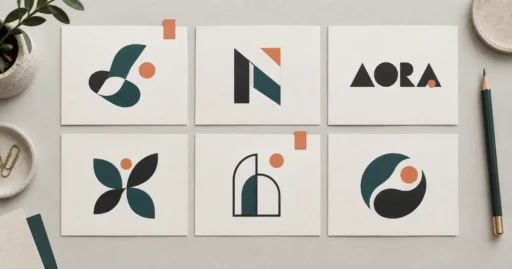 Six fictional geometric logo concepts arranged on a reference board in teal, charcoal and coral