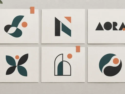 Six fictional geometric logo concepts arranged on a reference board in teal, charcoal and coral