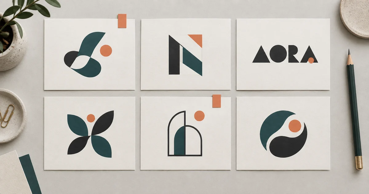 Six fictional geometric logo concepts arranged on a reference board in teal, charcoal and coral