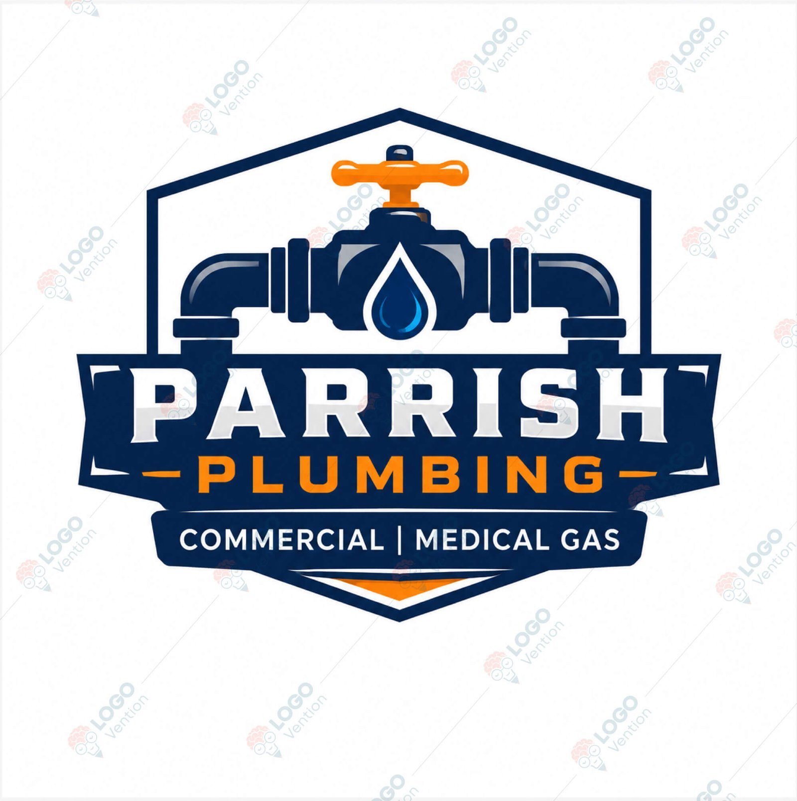 Parrish Plumbing logo with a navy badge, pipe valve, water droplet and orange lettering
