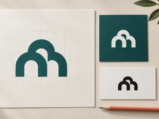 Fictional arch logo shown at different sizes in teal, black, and white on a brand proof presentation