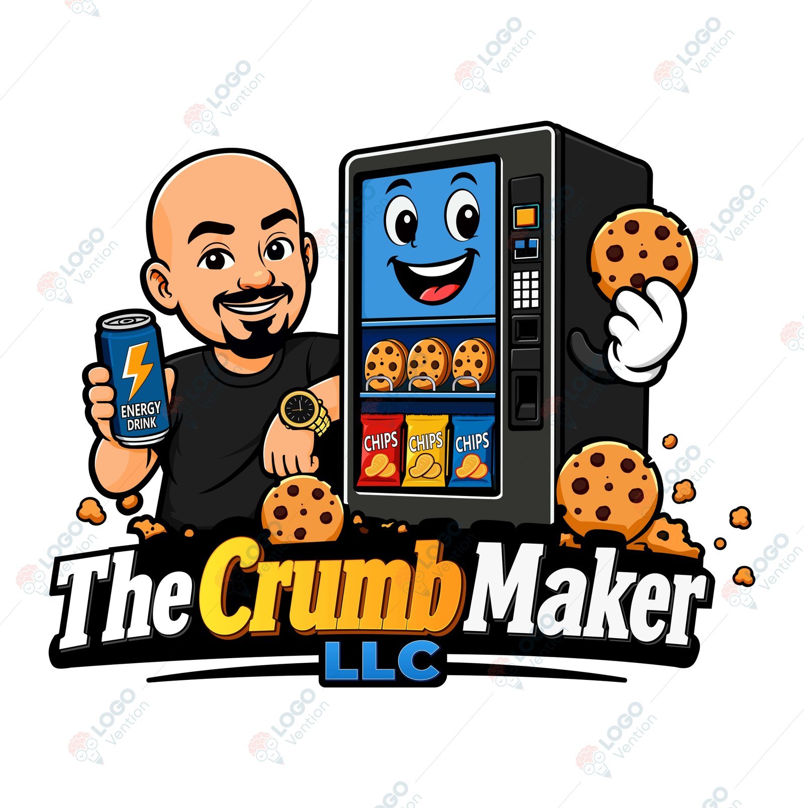 The CrumbMaker LLC mascot logo featuring a man, a smiling vending machine and cookies