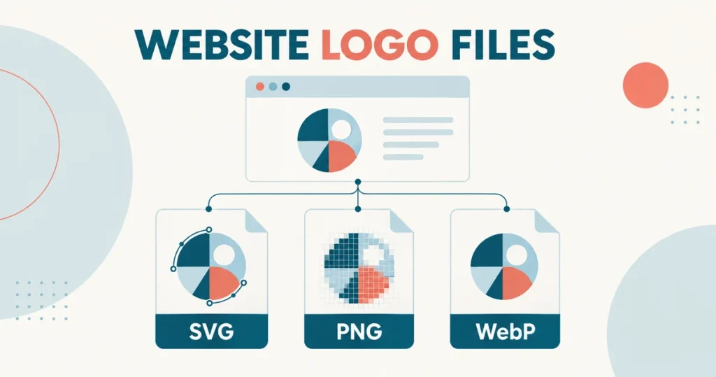 Conceptual comparison of SVG vector paths, PNG pixels and WebP files beneath a website header