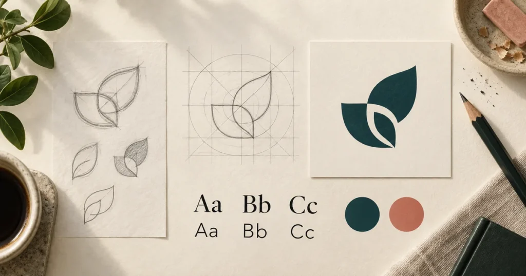Logo design process showing sketches, typography, color selection and a refined visual mark
