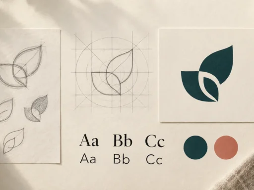 Logo design process showing sketches, typography, color selection and a refined visual mark