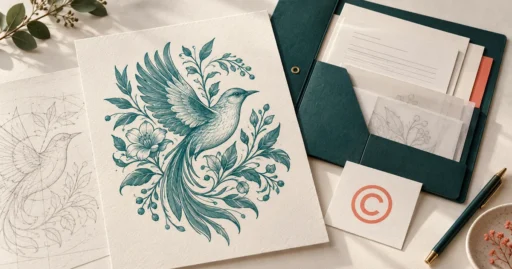 Conceptual bird illustration beside organized artwork documents and a copyright symbol.