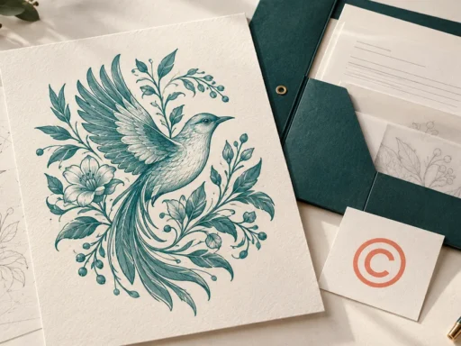 Conceptual bird illustration beside organized artwork documents and a copyright symbol.